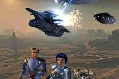 Doch wieder beginnt ein Angriff. Zwei Großkampfschiffe der Blues erscheinen über dem Planeten. Gucky teleportiert Rhodan und Sukurai in Sicherheit, doch bevor er Zitarra herausholen kann, explodiert der Flugpanzer.
(C) Raimund Peter